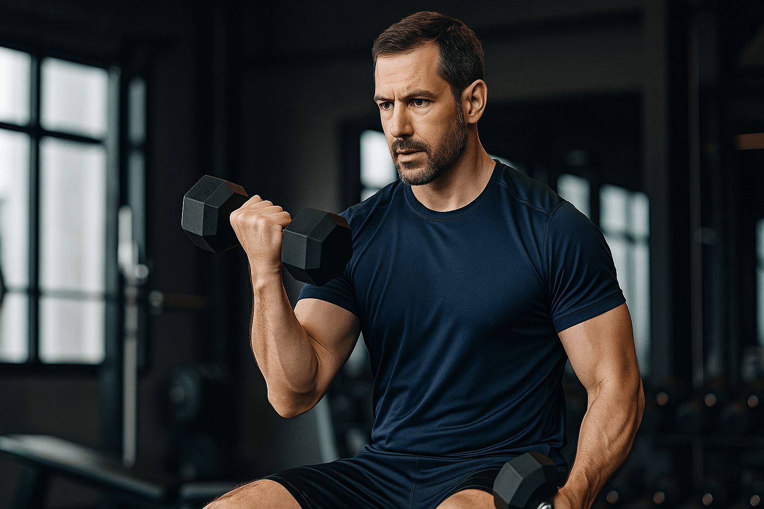 スポーツジムのトレーニングベンチに座り、筋トレ（右手のダンベルカール）をしている男性の画像