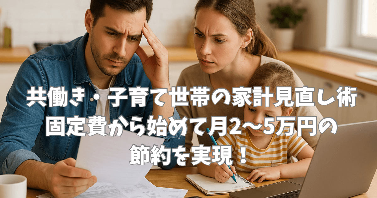 夫婦がリビングで家計の書類を見ながら話し合っている様子。隣で娘がノートにメモを取っており、ノートパソコンと電卓がテーブルに置かれている。明るく自然光の差し込む家庭的な雰囲気。